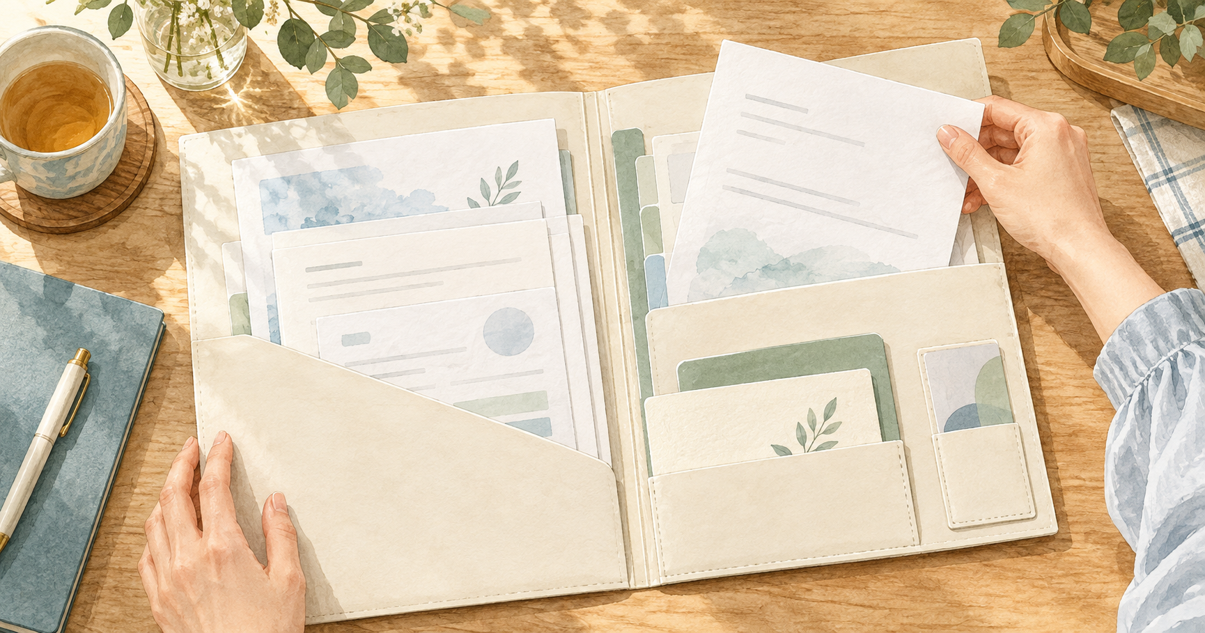 検査結果などの書類を、日付ごとのポケットへ整理するイラスト